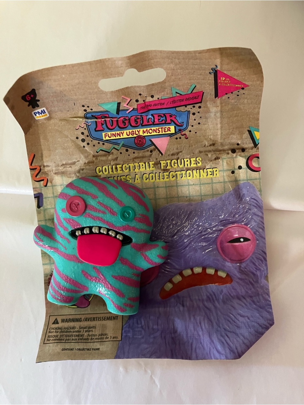 RARE Fuggler PINK BUTTON Teal & Pink Striped Funny Ugly Monster Figure